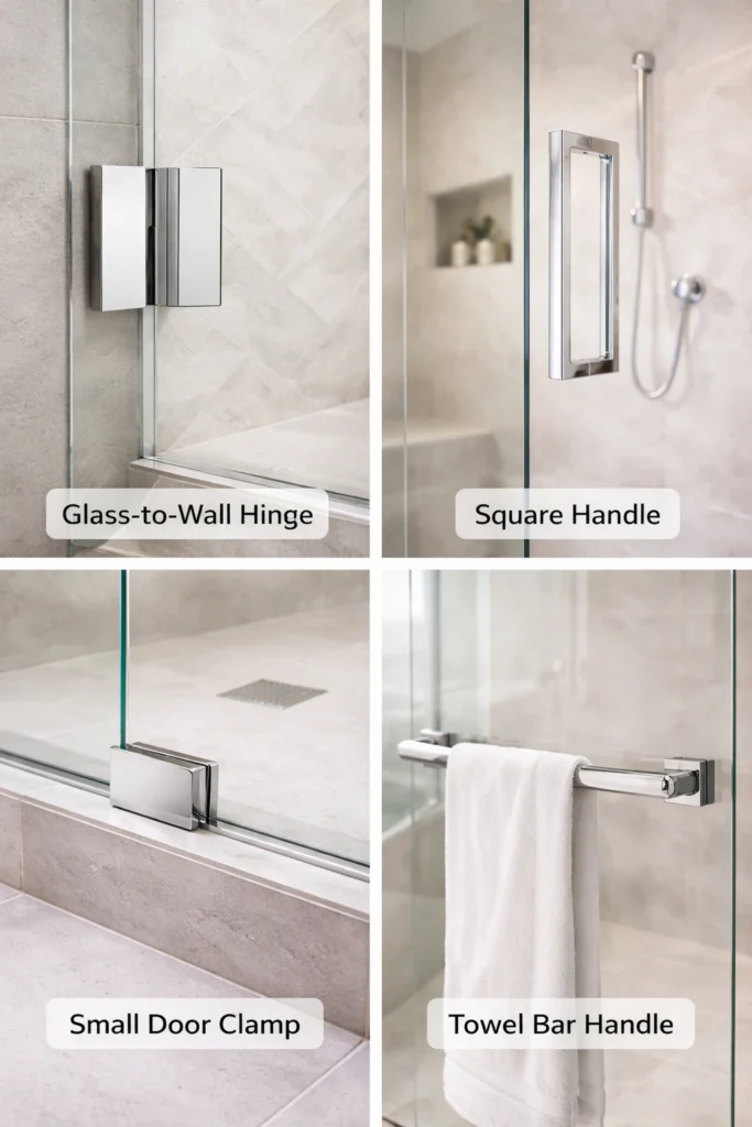 Shower door hinge and handle components