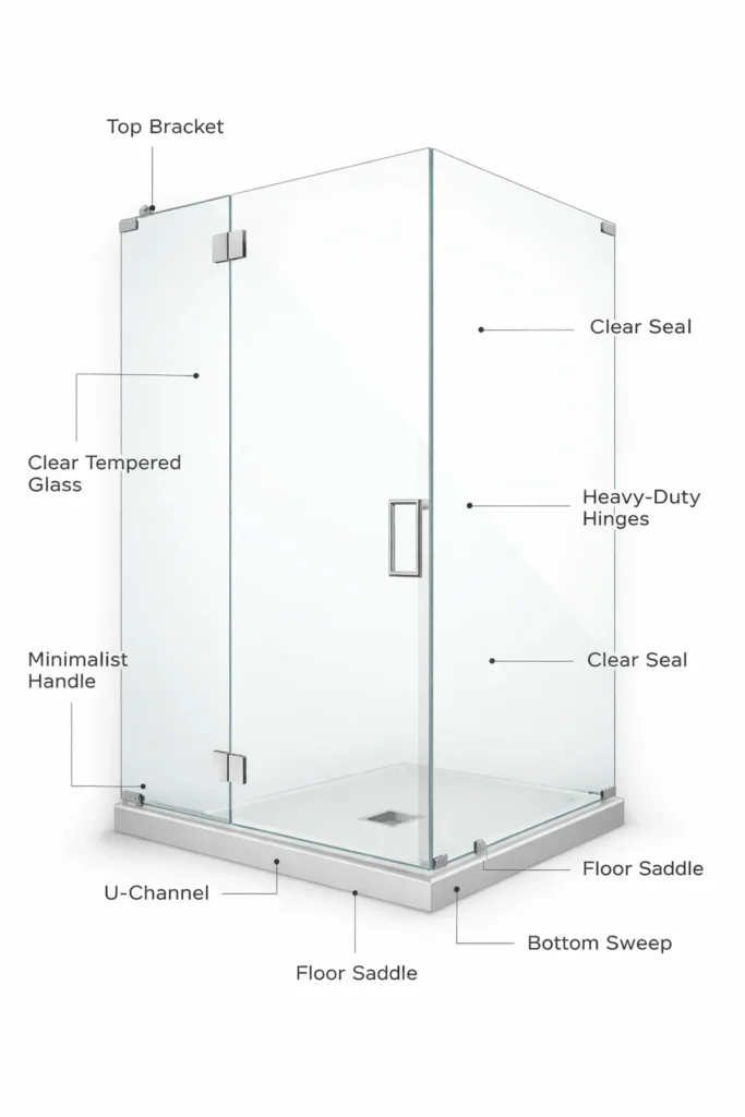 Frameless shower door glass panel design